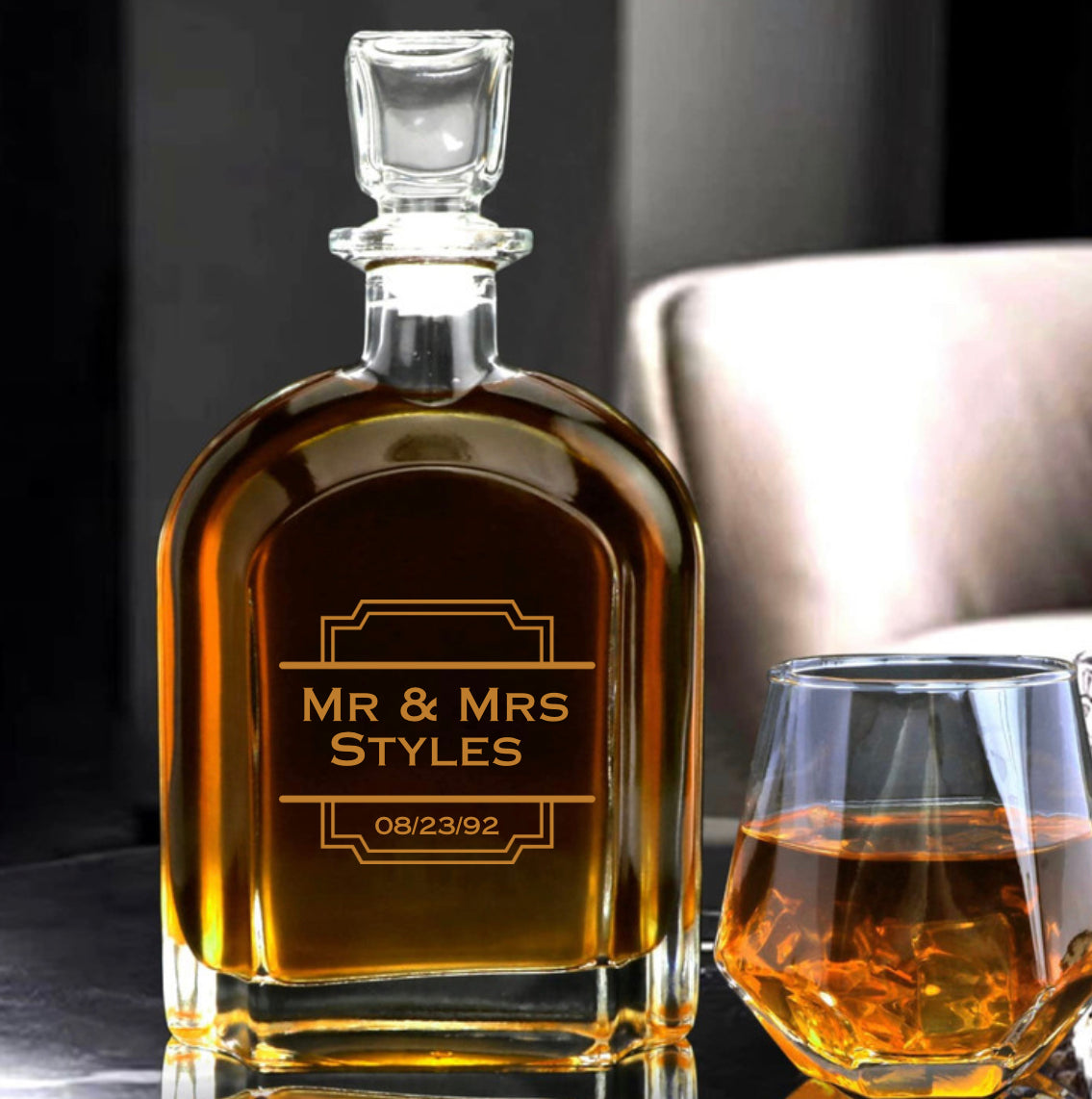 Special Occasion Engraved Decanter and 2 Whiskey Glasses