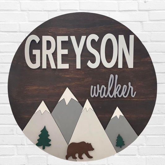 Round Woodland Mountain Baby Nursery Name Sign