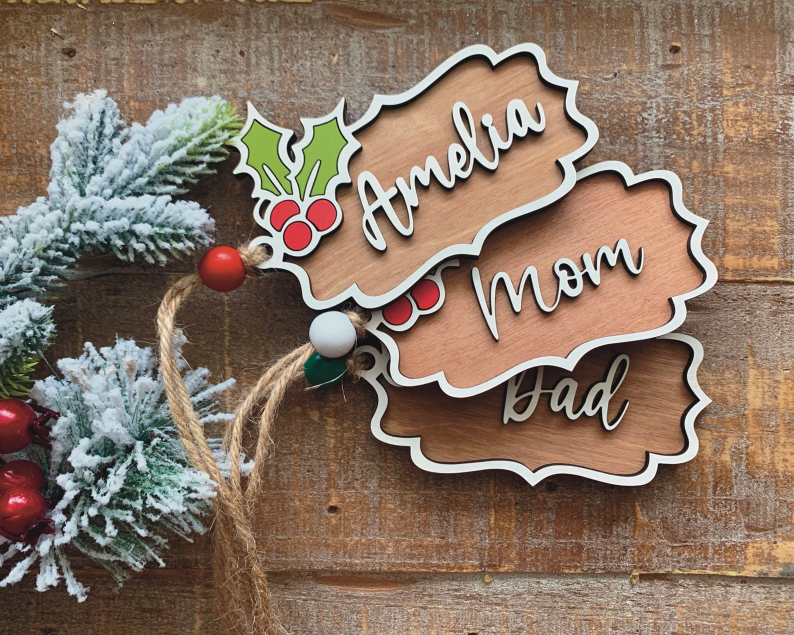 Wood Holly Christmas Tag