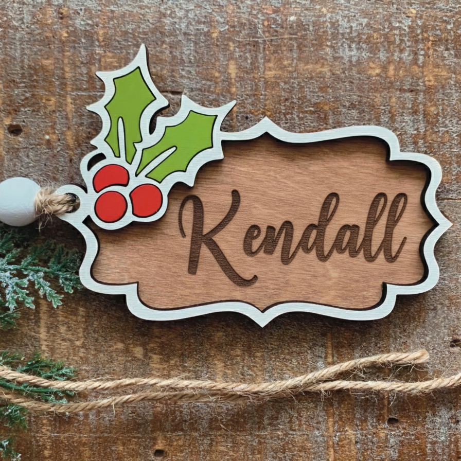 Wood Holly Christmas Tag