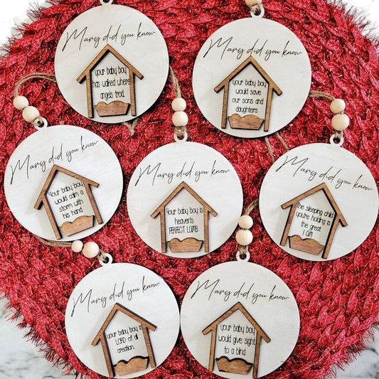 Set of 13 Mary Did You Know Ornaments in a Wooden Keepsake Box