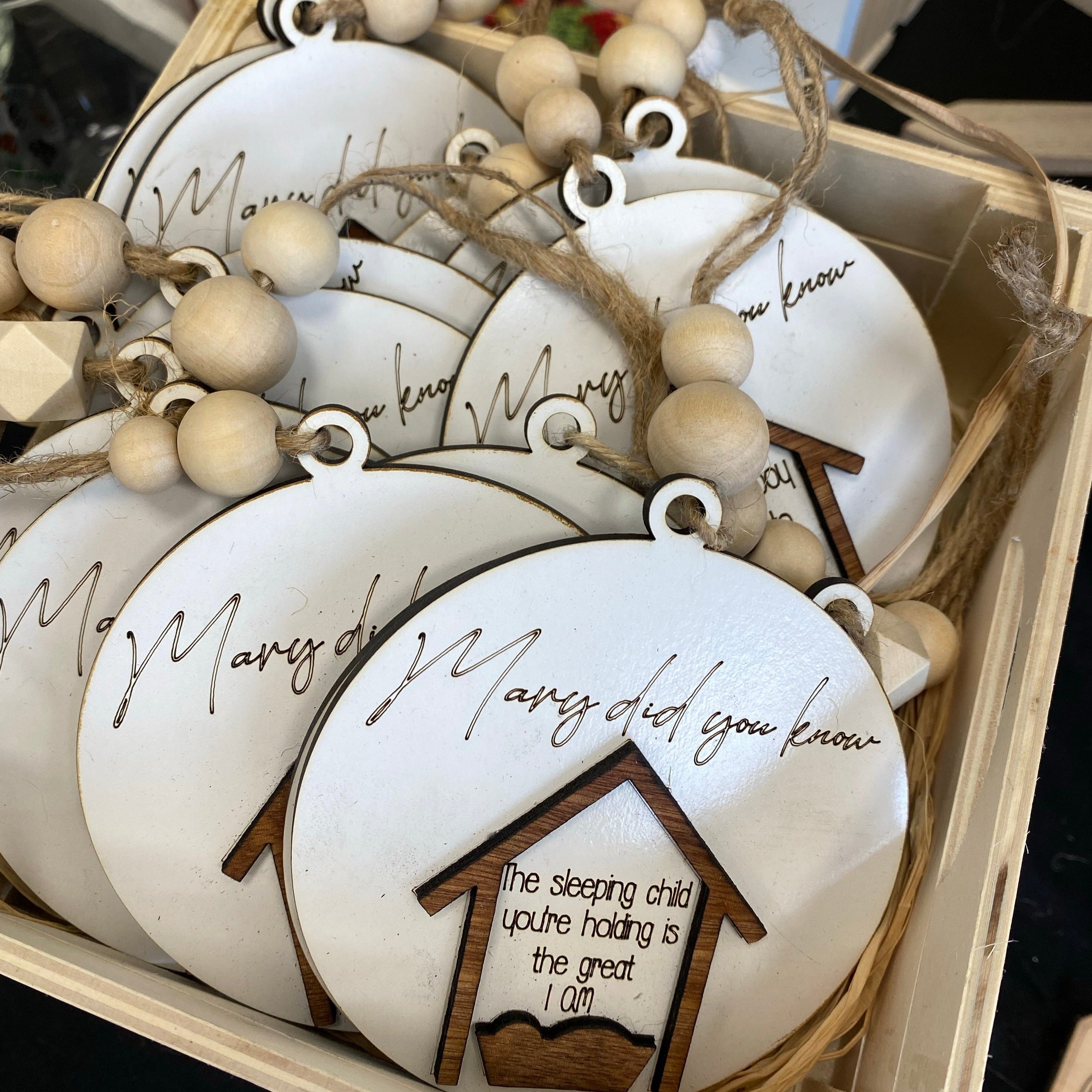 Set of 13 Mary Did You Know Ornaments in a Wooden Keepsake Box